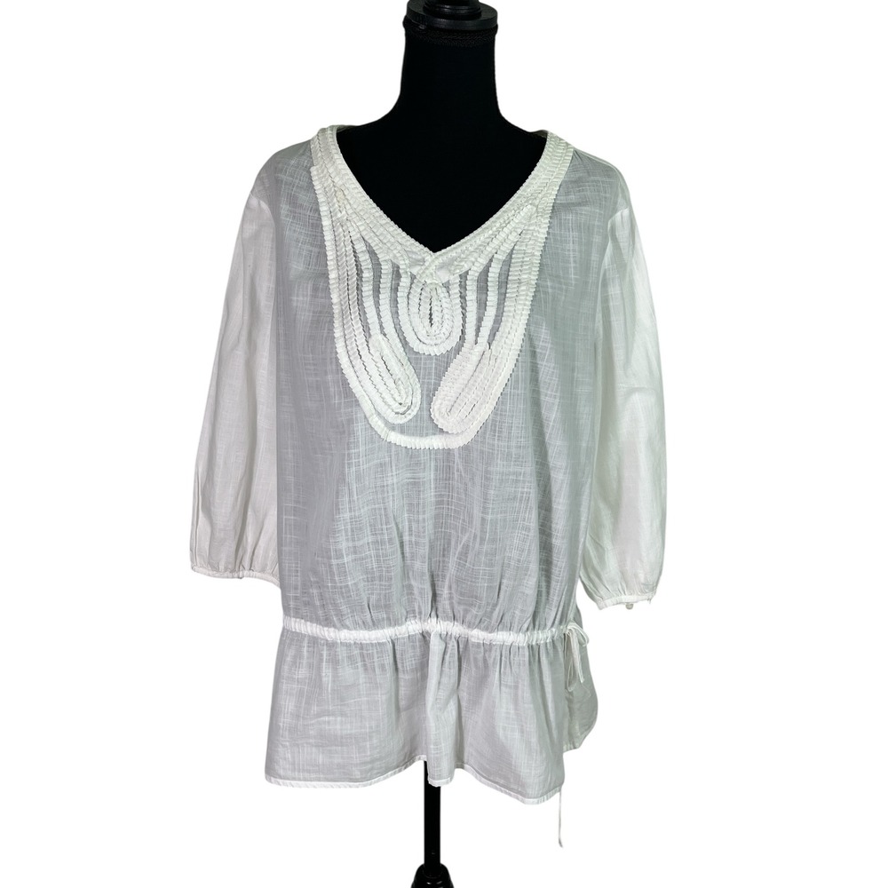 Chico's Peasant Tunic Top White‎ Crochet Trim Drawstring Waist 2